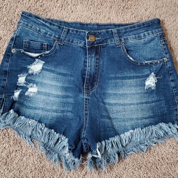 Mid-Rise Distressed Jean Shorts with Frayed Hems - Picture 4 of 5